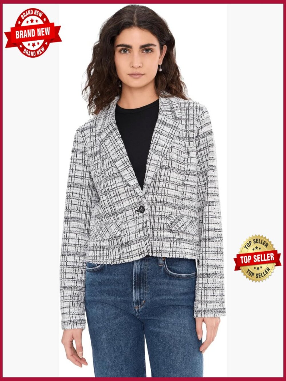 Cropped Plaid Boucle Knit Blazer Notched Collar Button Front